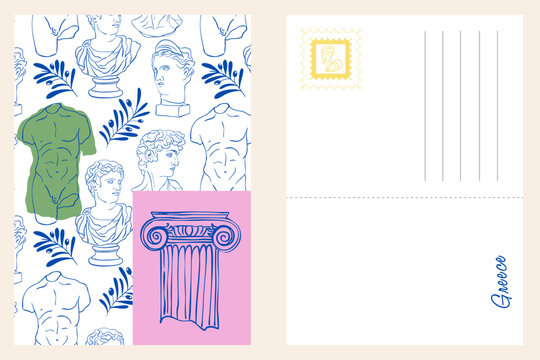 Aesthetic Greek Postcard with Doric Colomn, Statue and Olive Branches, Antique Sculpture Illustration