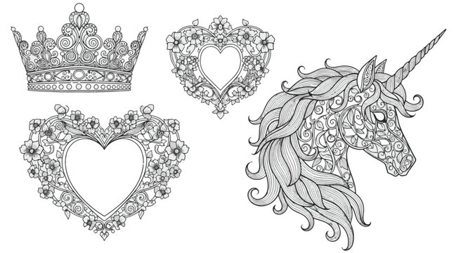 Medieval Ornamental Crown Unicorn Head and Floral Heart Frames for Design