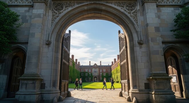 Historic stone school gate opening to a sunlit university campus