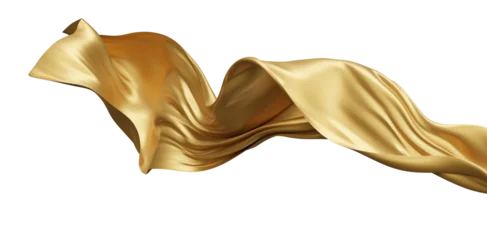 Fotobehang Goud Luxury gold fabric flowing on transparent background with copy space 3D render  © ArtBackground
