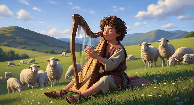 Young Shepherd David playing a wooden harp for his flock of sheep in a peaceful sunlit pasture biblical character youth musician lyre instrument spiritual historical portrait rural landscape