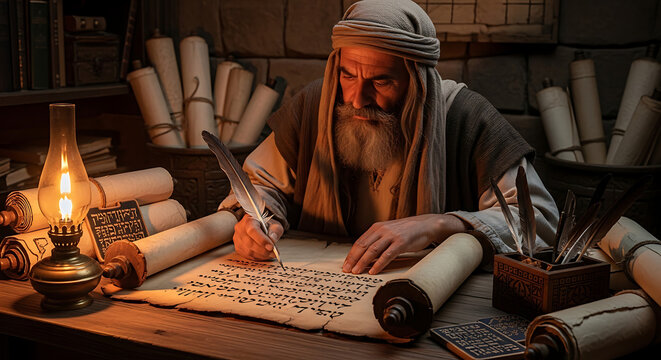 Ancient Hebrew scribe meticulously writing sacred scripture on aged parchment scroll using traditional feather quill pen within historical Biblical era setting representing Old Testament times.