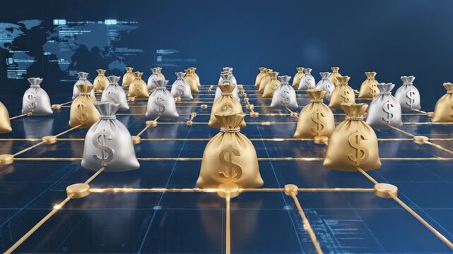 VIDEO showcasing numerous gold and silver money bags on a grid background