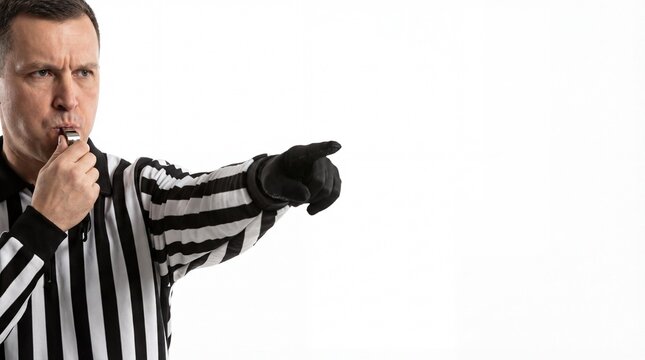Sports referee blowing a whistle and pointing while wearing stripes