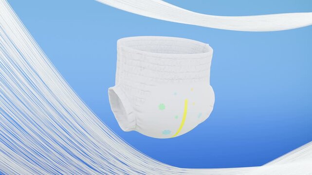 3D animation of baby pull-up diaper rotating 360 degrees on blue background. Soft fibers flow around, highlighting the smooth texture, flexibility, and comfort of baby care products.
