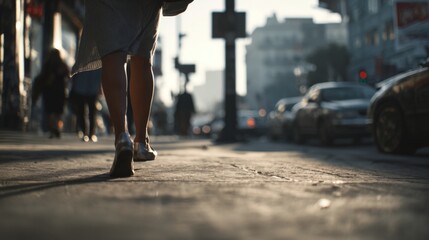 Fototapeta premium A dynamic urban scene showcasing people walking through a busy city street filled with vehicles under the warm sunlight creating an active atmosphere. Generative AI