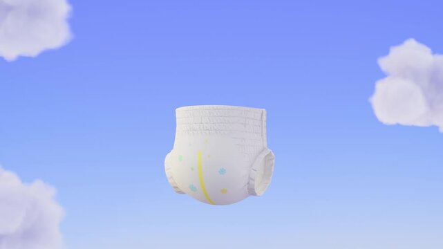 3D animation of baby pull-up diaper floating on a blue sky, gently lifted by soft clouds. Smooth motion highlights lightweight feel, softness, and breathability, ideal for diaper advertising.