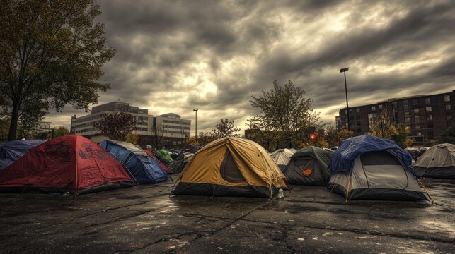 A vivid urban tent encampment under stormy skies, highlighting the plight of homelessness.