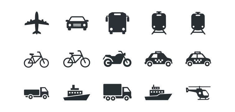 Transportation icons set flat style various modes black background