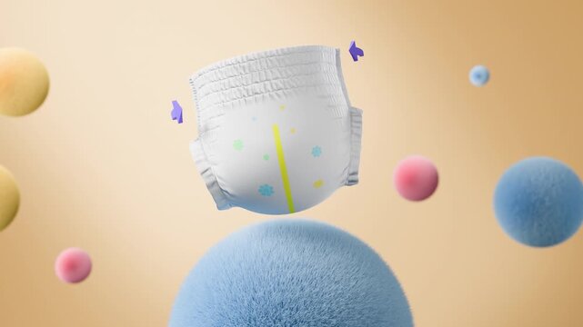 3D animation of baby pull-up diaper moving with soft cotton shapes around. The elastic waistband stretches flexibly, highlighting softness, comfort, and snug fit, ideal for diaper advertising.