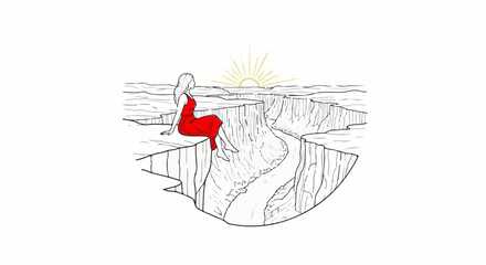 Obraz premium Woman in red dress overlooking a vast canyon at sunrise