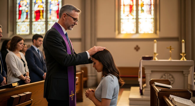 Spiritual pastor praying over devout woman in sacred church during holy easter service religious man laying hands on girl head for divine blessing and Christian faith support