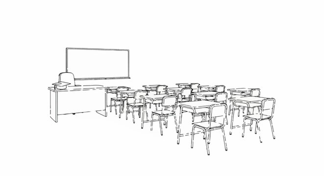 Classroom with desks, chairs, and a whiteboard