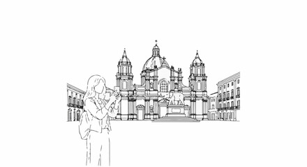 Fototapeta premium Woman taking a picture of a grand historic church with detailed architecture