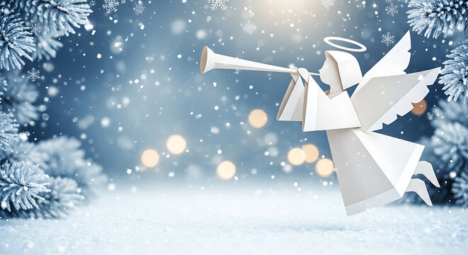 White paper cutout angel blowing golden trumpet on festive winter Christmas holiday background featuring snowflakes and copy space for seasonal greeting and celebration wishes.