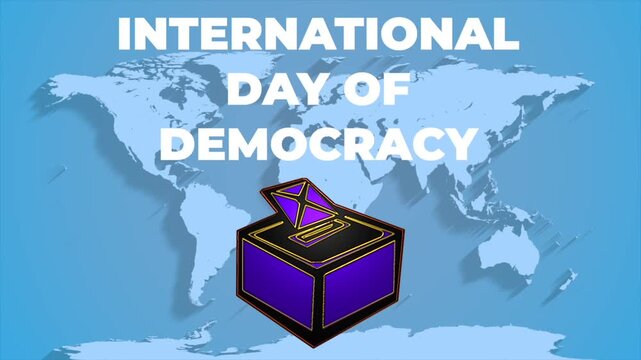 International day of democracy animation with ballot box and world map on light blue background