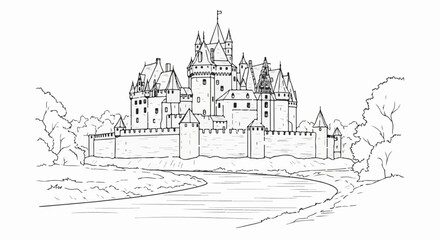 Obraz premium A majestic, multi-turreted fortress overlooks a winding river and lush foliage