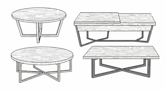 Collection of four stylized line drawings of coffee tables with wooden tops