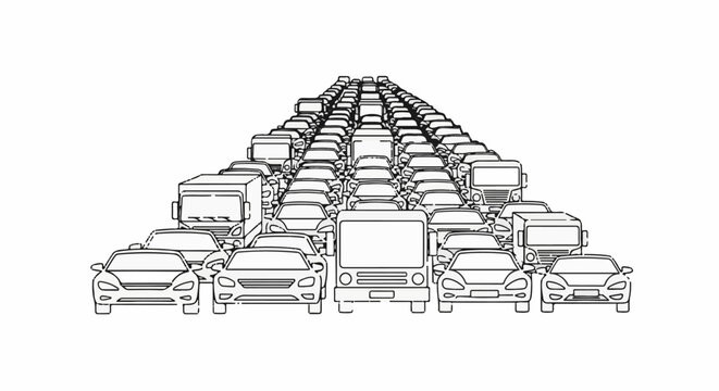 Multiple vehicles in a dense, stylized line suggesting a traffic jam