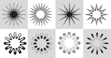Obraz premium Sharp Geometric Starburst and Radiant Icons with Densely Packed Linear Rays and Inverted Silhouette Variations