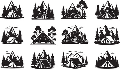 Fototapeta premium Mountain Camping and Outdoor Adventure Tent Silhouette Set