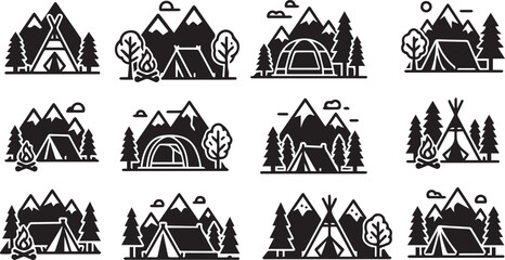 Black Minimalist Outdoor Camping and Mountain Icons Set © Vector 4 You
