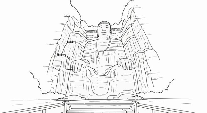 Giant seated stone figure carved into a cliff face, facing forward