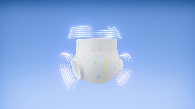 3D animation of baby pull-up diaper showing elastic movement at the waistband and leg cuffs. Light effects highlight flexibility, stretch, and a snug comfortable fit, ideal for diaper advertising.