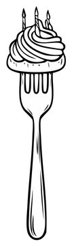Single cupcake with swirling frosting and three lit candles impaled on a fork, line art illustration.