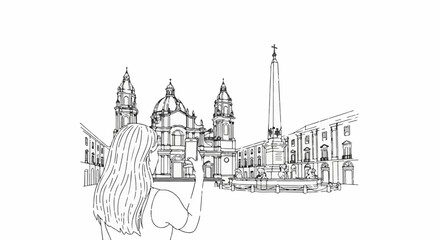 Obraz premium Sketch of a woman photographing a grand European piazza with historic buildings