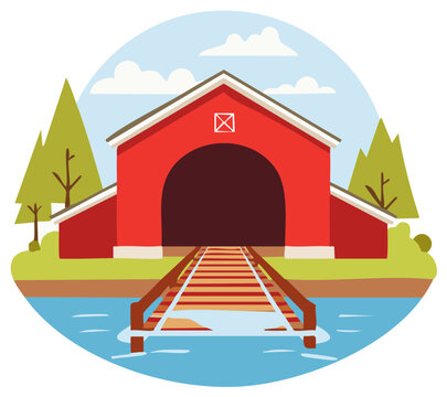 Illustrative Covered Bridge with Wooden Railing Over Water Scene