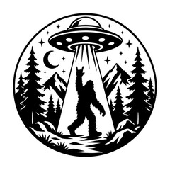 Bigfoot Sasquatch Making Rock Sign Under Alien UFO Abduction Beam In Forest Night Scene, Paranormal Mystery Landscape Silhouette Vector Graphic © VisuaLabArt