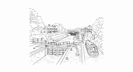 Fototapeta premium Sketch of a canal lock system with houses, trees, and a narrowboat
