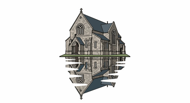 Stone gothic building reflected in water on a white background