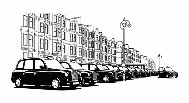 Row of black classic cars parked on street against buildings
