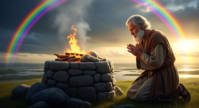 Biblical Patriarch Noah standing before a stone altar with holy fire burning, colorful rainbow spanning the sky after the great flood, religious cinematic scene depicting divine covenant promise