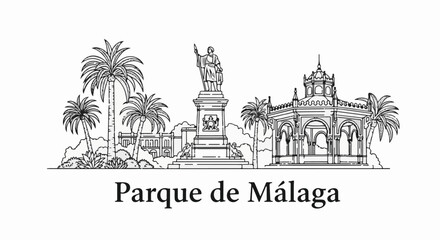 Obraz premium Line drawing of a park with palms, statue, gazebo and buildings