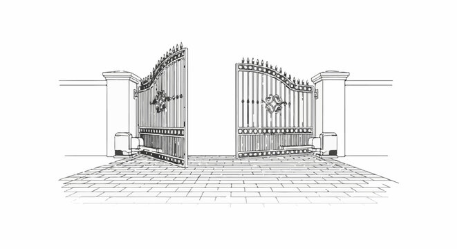 Ornate, open wrought iron gates stand between stone pillars on paved ground