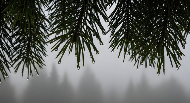 A professional nature photograph focusing on the intricate patterns of pine needles dripping with water