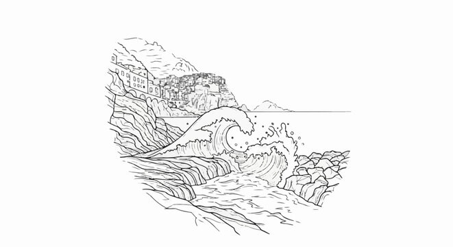 Coastal village perched on cliffs with a large crashing wave below