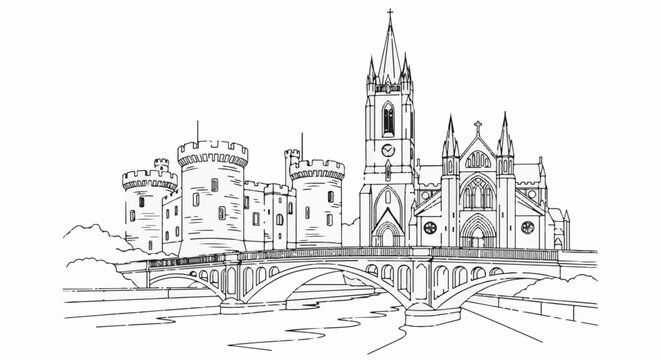Architectural sketch of a medieval castle and gothic cathedral on a river