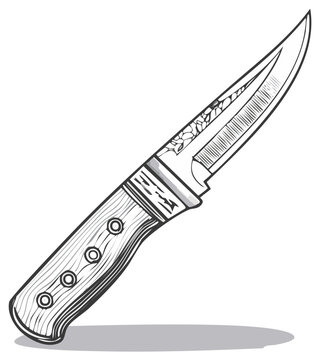 Hand drawn hunting knife illustration with wooden handle and sharp blade for outdoorsman or chef