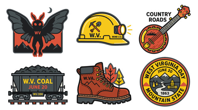 Collection of six distinct graphic illustrations representing West Virginia's heritage and identity, including a mothman, miner's helmet, banjo, coal car, hiking boot, and a mountain state emblem.