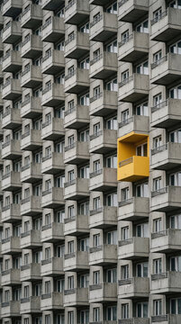 Exterior of residential high rise building with concrete balconies. Single yellow balcony standing out among grey structure. Urban architecture pattern for city background and screensaver.