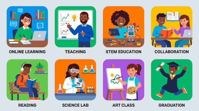 Education icons for learning and teaching.