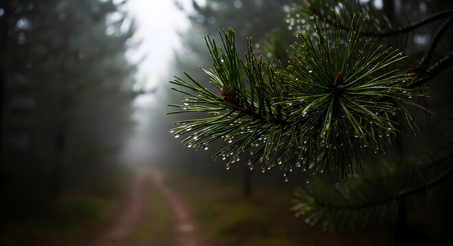 Foreground focus on a wet pine branch with hanging water droplets