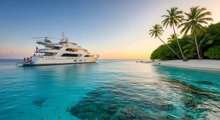 Obraz premium Luxury yacht cruising turquoise water near tropical island at sunset