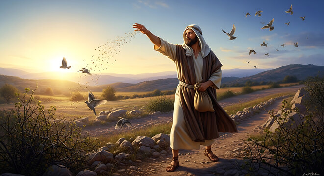 Ancient Middle Eastern farmer scattering grain seeds in a vast agricultural field while birds fly overhead, depicting the biblical Parable of the Sower within a historical religious landscape.