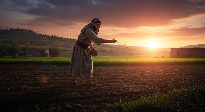Historical man sowing seeds in a fertile field at golden sunset, depicting the Biblical parable of the sower using ancient agriculture techniques, rustic atmosphere, and spiritual symbolism.