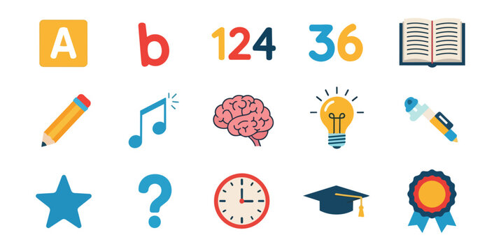 Educational icons set alphabet numbers stationery brain lightbulb awards